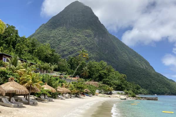 The Beach at Sugar Beach with Gros Piton in the background