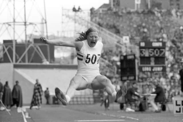 Athlete Mary Peters competing in the Commonwealth Games pentathlon long jump competition, at the Meadowbank Stadium, in Edinburgh, Scotland.