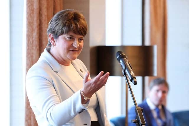 The former first minister of Northern Ireland and DUP leader Dame Arlene Foster speaking at the launch of the new unionist grouping, Together UK, at the Grand Central Hotel in Belfast. Photo: Kelvin Boyes Press Eye
