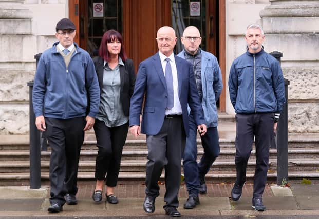 Members of  the Dromore Group pictured at the High Court in Belfast.  The group has taken a case against the PSNI challenging them for refusing to confirm or deny that clerical sex abuser Fr Malachy Finegan was an informer.

Victims and relatives of victims include,  Sean Faloon, Kerry Fitzpatrick with her uncle Tony Gribben along with brothers Darren and Connor Doonan.

Picture by Jonathan Porter/PressEye