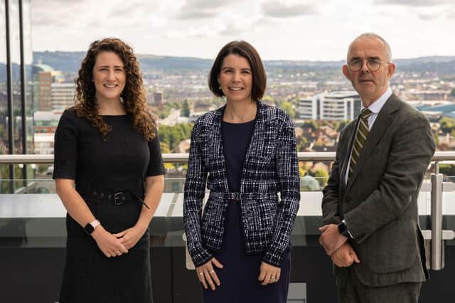 Launching the 2022 Fast 50 call for entries at Deloitte’s new offices in Bedford Square are Laura Haldane from SciLeads, Aisléan Nicholson, Fast 50 partner at Deloitte in Belfast and Stuart Harvey from Datactics. Both companies made it on to the 2021 Deloitte Technology Fast 50 list