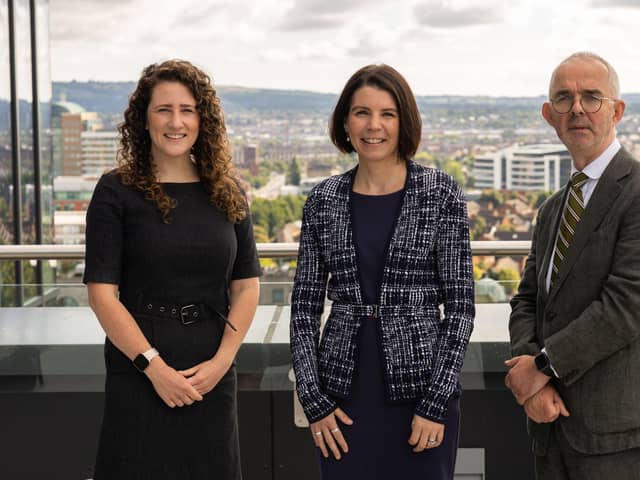Launching the 2022 Fast 50 call for entries at Deloitte’s new offices in Bedford Square are Laura Haldane from SciLeads, Aisléan Nicholson, Fast 50 partner at Deloitte in Belfast and Stuart Harvey from Datactics. Both companies made it on to the 2021 Deloitte Technology Fast 50 list