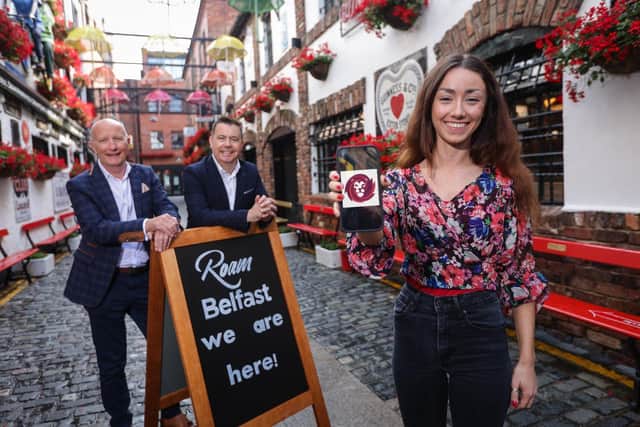 The award-winning Roam Local app developed to drive high street footfall and endorsed by leading industry groups Hospitality Ulster and Retail NI celebrated its rollout across Northern Ireland with an official launch at Belfast’s Cathedral Quarter. Pictured are Colin Neill, chief executive of Hospitality Ulster, Glyn Roberts, chief executive of Retail NI and Ellen Kerr, business development executive of Roam Local