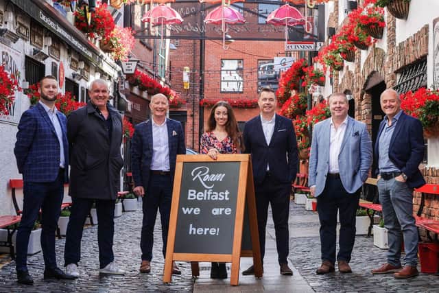 The award-winning Roam Local app developed to drive high street footfall and endorsed by leading industry groups Hospitality Ulster and Retail NI celebrated its rollout across Northern Ireland with at an official launch at Belfast’s Cathedral Quarter. Pictured are Michael Henderson, chief executive of Northern Ireland Takeaways Association, Gareth Murphy, CEO of Vertigo Holdings, Colin Neill, chief executive of Hospitality Ulster, Ellen Kerr, business development executive of Roam Local, Glyn Roberts, chief executive of Retail N,  Frank Shivers, non-executive director of Roam Local and Les Hume, chair of Destination Cathedral Quarter