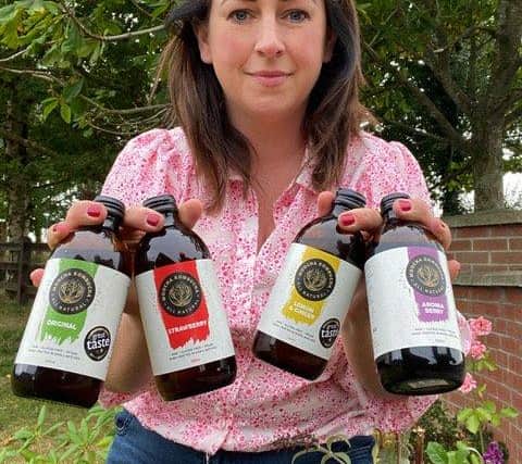 Bronagh Quail of Moocha Kombucha in Benburb with some of the products which won Great Taste stars