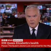 Screengrab from BBC News of Huw Edwards reporting on the health of Queen Elizabeth II. BBC One has suspended its regular programming schedule following the announcement that the Queen is under medical supervision at Balmoral.