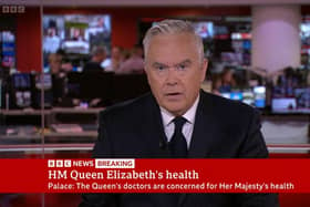Screengrab from BBC News of Huw Edwards reporting on the health of Queen Elizabeth II. BBC One has suspended its regular programming schedule following the announcement that the Queen is under medical supervision at Balmoral.