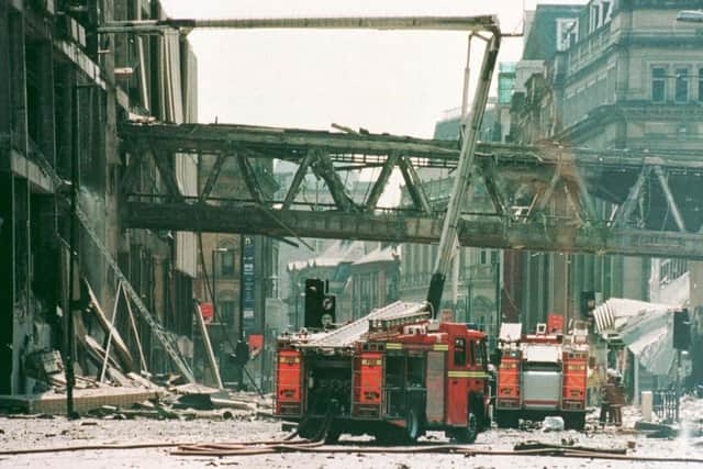 Police issue photo of bomb damage in Manchester city centre. Photo PA