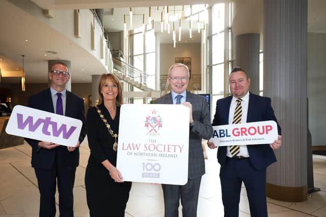 Simon Hunter, ABL Group & WTW, Brigid Napier, The Law Society of NI, David A. Lavery CB, The Law Society of NI and Alan Boal, ABL Group & WTW, launch the ‘Shaping Our Future Together’ conference which will mark the 100th Anniversary of the Law Society of NI
