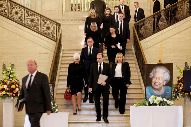 TUV leader Jim Allister (left) and DUP MLAs in the Great Hall at Stormont on the day the NI Assembly paid tribute to Queen Elizabeth who died last week aged 96.


Picture: Jonathan Porter/PressEye