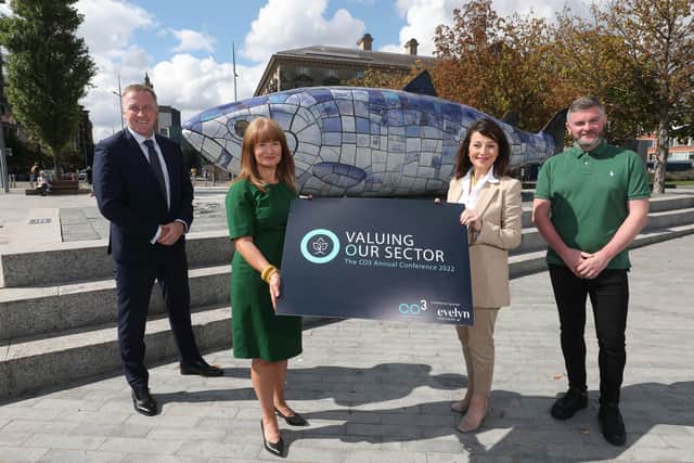 CO3 chief executive, Valerie McConville joined by Tony Clarke and Company, Marsh and Community Finance Ireland who have all supported important sector research to examine the economic impact and social impact of the Community and Voluntary Sector in Northern Ireland