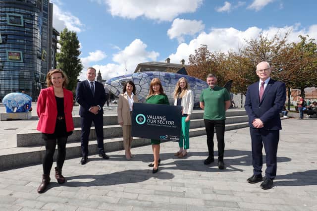 CO3 chief executive, Valerie McConville joined by key conference and research sponsors, Evelyn Partners, Community Finance Ireland, Department for Communities, Tony Clarke and Company, Marsh/Ecclesiastical and Baker Tilly Mooney Moore to launch the 2022 CO3 Annual Leadership Conference