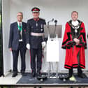 Mayor of Antrim and Newtownabbey, Alderman Stephen Ross, His Majesty’s Lord-Lieutenant of County Antrim Mr David McCorkell KStJ and High Sheriff of County Antrim Mr John Lockett OBE at the Accession Proclamation for County Antrim, held at Antrim Castle Gardens.