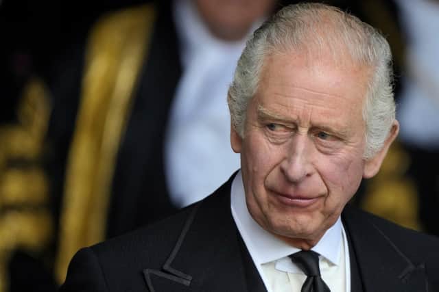 King Charles III leaves Westminster Hall, London, where both Houses of Parliament met to express their condolences following the death of Queen Elizabeth II. Picture date: Monday September 12, 2022.