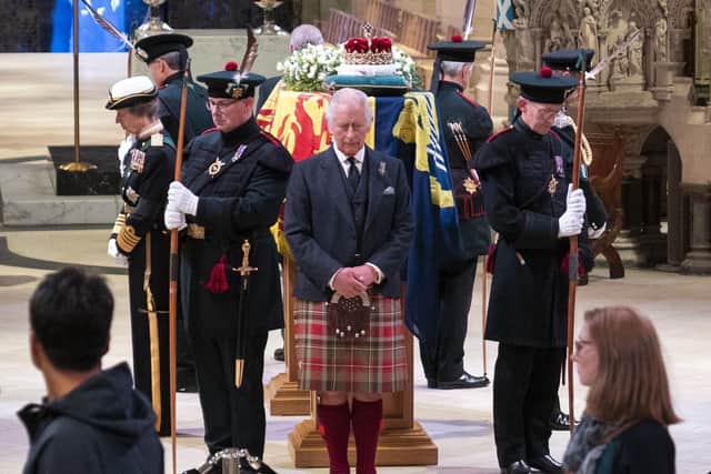 King Charles III and other members of the royal family hold a vigil at St Giles' Cathedral, Edinburgh tonight in honour of Queen Elizabeth II. Picture date: Monday September 12, 2022.  Photo: Jane Barlow/PA Wire
