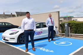 Roger O’Kane, EV sales manager at Belfast-based EV infrastructure company Weev pictured with Greg Williamson, general manager at The Valley Hotel Fivemiletown announcing the installation of two new electric vehicle (EV) charging stations at The Valley Hotel