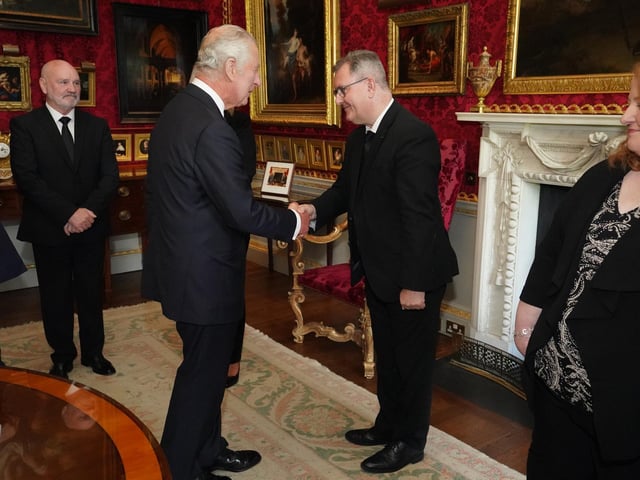 King Charles III meeting DUP leader Jeffrey Donaldson as Northern Ireland Assembly Speaker Alex Maskey and Alliance Party Leader Naomi Long look on at Hillsborough Castle, Co Down. Picture date: Tuesday September 13, 2022.