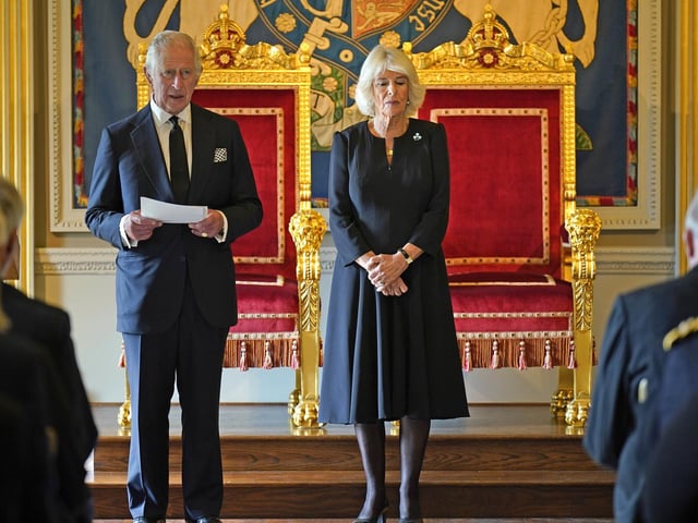 King Charles III, with the Queen Consort, speaking after receiving a Message of Condolence by Alex Maskey, the Speaker of the Northern Ireland Assembly, at Hillsborough Castle