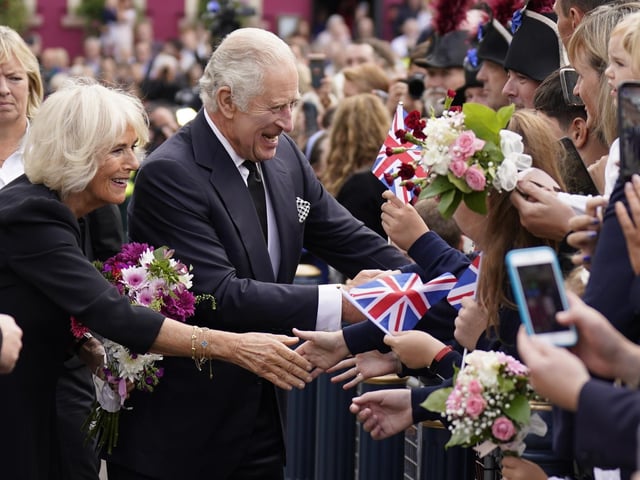 King Charles III meeting wellwishers as he arrives for a visit to Hillsborough Castle, Co Down