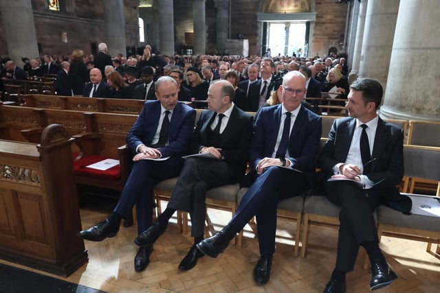 (left to right) Taoiseach Micheal Martin, Secretary of State for Northern Ireland Chris Heaton-Harris, Minister for Foreign Affairs and Defence Simon Coveney and Minister of State in the Northern Ireland Steve Baker attend a Service of Reflection for Queen Elizabeth II at St Anne's Cathedral in Belfast.