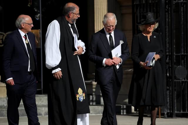 King Charles III and Queen Consort leaving St Anne's Cathedral, Belfast, where they met with leaders from all the major faiths in Northern Ireland for a service of prayer and reflection on the life of Queen Elizabeth II. 

After leaving the Cathedral they met with members of the public who waited to see the King on his first visit to Northern Ireland as monarch.     Photo by William Cherry/Presseye