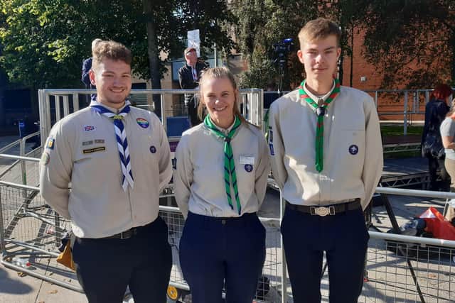 Aaron Coates, 5th Ballymena Scouts, Vicky Flanagan, programme and development manager, and Cameron Bates, 2nd Bangor Abbey Scouts