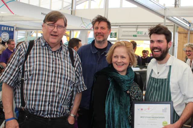 The new award will recognise the contribution of the late Charles Campion, left, a distinguished English food writer, to the food and drink industry here. He is pictured at Balmoral Show with, right, Charlie Cole of Broughgammon Farm Products in Ballycastle, Xanthe Clay, food writer at Daily Telegraph, and food writer John Evans