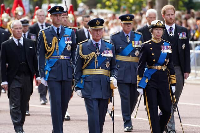 (left to right) the Prince of Wales, King Charles III, the Princess Royal and Duke of Sussex follow the coffin of Queen Elizabeth II on Wednesday. Photo: PA WIRE