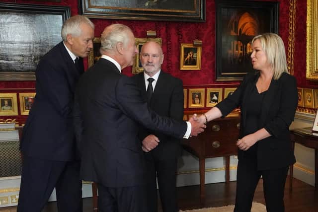 King Charles III meeting Northern Ireland Assembly Speaker Alex Maskey and Sinn Fein Vice President Michelle O'Neill at Hillsborough Castle, Co Down. Picture date: Tuesday September 13, 2022.