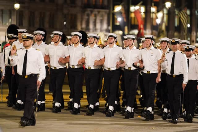 Members of the military take part during an early morning rehearsal for the funeral of Queen Elizabeth II in London, ahead of her funeral on Monday. Picture date: Thursday September 15, 2022.