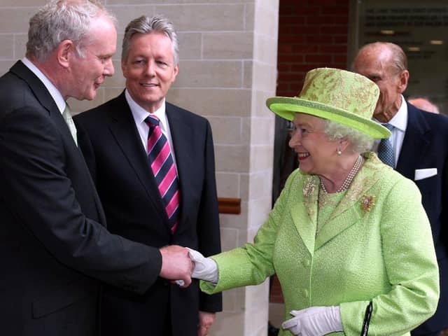 The famous image of Martin McGuinness and the Queen shaking hands at the Lyric Theatre, Belfast, in 2012
