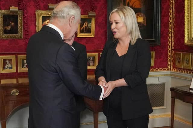 King Charles III meeting Sinn Fein Vice President Michelle O'Neill at Hillsborough Castle