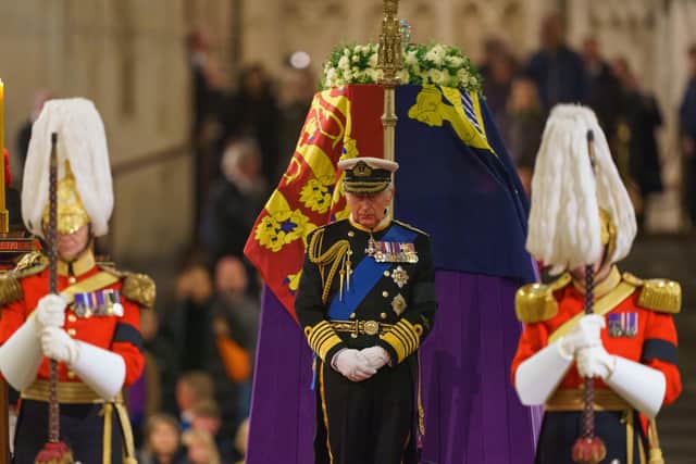 King Charles III, the Princess Royal, the Duke of York and the Earl of Wessex hold a vigil beside the coffin of their mother, Queen Elizabeth II, as it lies in state on the catafalque in Westminster Hall, at the Palace of Westminster, London. Picture. PA