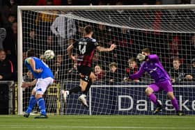 Jordan Forsythe scored the crucial goal in Seaview success last night to send Crusaders level at the top of the Premiership table off a 2-1 victory over Linfield. Pic by Pacemaker.