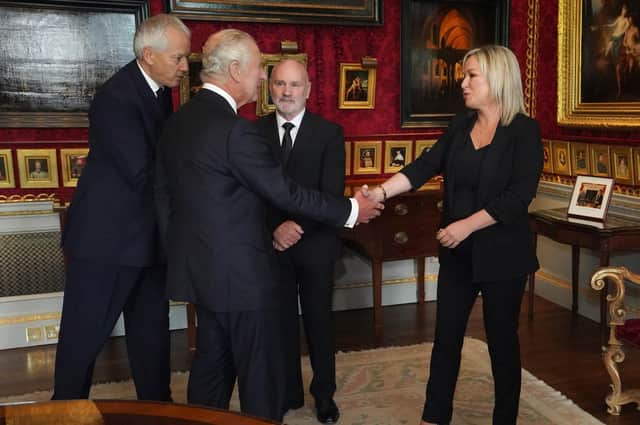 King Charles III meets NI Assembly Speaker Alex Maskey and Sinn Fein Vice President Michelle O'Neill at Hillsborough Castle on Tuesday. People in NI appreciated the fact that the late Queen embodied values which her son has displayed in abundance in the past week, yet if you were to watch some coverage of the king's NI visit one could be forgiven for thinking that the people we should really be thankful to are SF