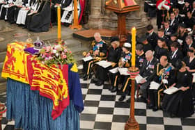 (front row) King Charles III, the Queen Consort, the Princess Royal, Vice Admiral Sir Tim Laurence, the Duke of York, the Earl of Wessex, the Countess of Wessex in front of the coffin of Queen Elizabeth II during her State Funeral at Westminster Abbey in London