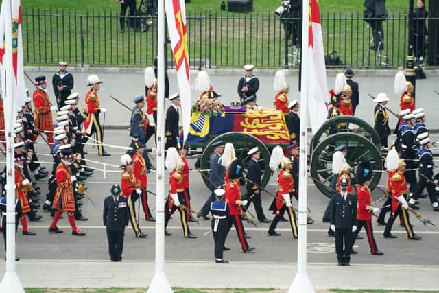 The State Gun Carriage carries the coffin of Queen Elizabeth II