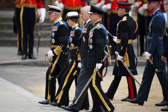 (left to right) King Charles III, the Princess Royal, the Duke of York, the Earl of Wessex and the Prince of Wales arriving at the State Funeral of Queen Elizabeth II, held at Westminster Abbey, London