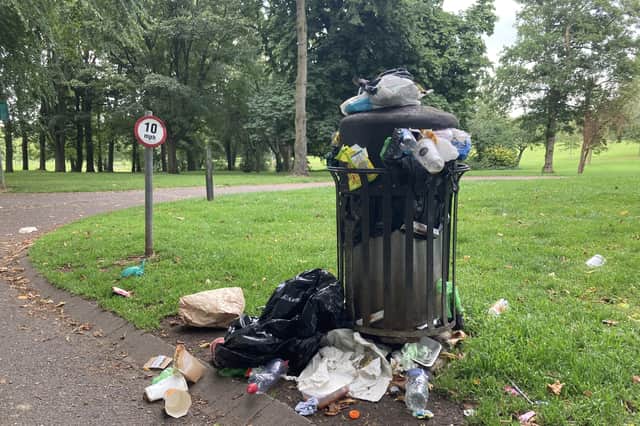Overflowing rubbish bins in Lurgan Park