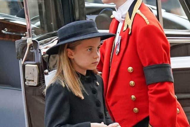 Princess Charlotte arrives at the Committal Service for Queen Elizabeth II held at St George's Chapel in Windsor Castle, Berkshire