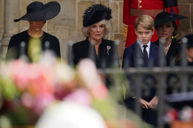 The Duchess of Sussex, the Queen Consort, Prince George and the Princess of Wales after the State Funeral of Queen Elizabeth II, held at Westminster Abbey, London