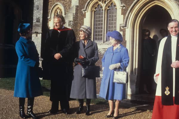 American evangelist Billy Graham (second left) with his wife Ruth, the Queen, and the Queen Mother, when he preached at Sandringham Parish Church. The Rector of Sandringham, Rev Gerry Murphy is on the right.