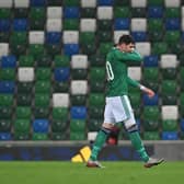 Northern Ireland's Kyle Lafferty leaves the pitch at the National Football Stadium at Windsor Park in Belfast. Pic Colm Lenaghan/Pacemaker
