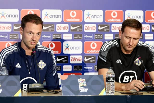 Northern Ireland manager Ian Baraclough (right) and Jonny Evans during Tuesday's press conference  in Athens ahead of the Nations League game against Greece.    Photo: William Cherry/Presseye