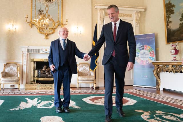 Shadow Northern Ireland secretary, Peter Kyle, right, meets Irish President Michael D. Higgins at his official residence, Aras an Uachtarain during his two day visit to Dublin with Sir Keir Starmer earlier this year.
