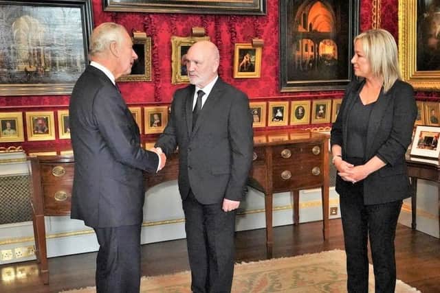 The Sinn Fein duo of Michelle O'Neill and Alex Maskey meeting King Charles III on September 13, 2022