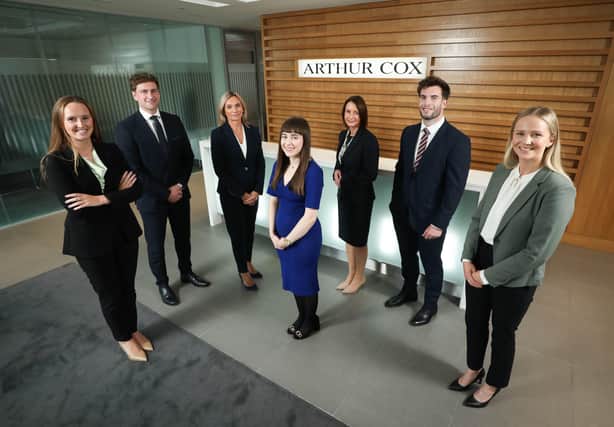 Lynsey Mallon, partner, head of corporate and commercial and Catriona Gibson, managing partner at leading law firm Arthur Cox pictured with second-year trainees announcing the expansion of the firm’s trainee programme