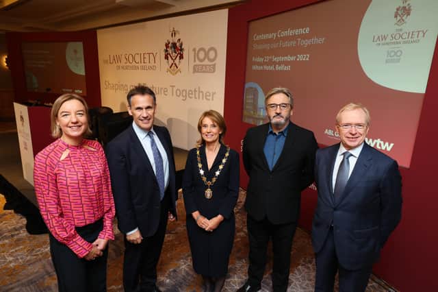 Pictured at the Law Society Centenary Conference are Tara Shine, co-CEO change by degrees, Prof Richard Susskind, Brigid Napier, President of the Law Society of Northern Ireland, Fergal Keane, journalist and author, David A Lavery, CB, chief executive, Law Society of Northern Ireland