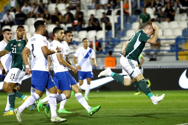 Shayne Lavery scores for Northern Ireland last night in Greece. Pic by PressEye Ltd.