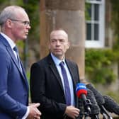 Northern Ireland Secretary Chris Heaton-Harris and Irish Foreign Affairs Minister Simon Coveney during a press conference at Hillsborough Castle today